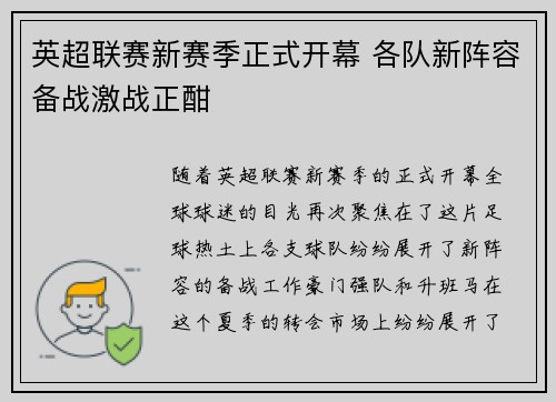 英超联赛新赛季正式开幕 各队新阵容备战激战正酣
