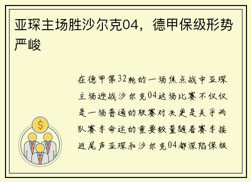 亚琛主场胜沙尔克04，德甲保级形势严峻
