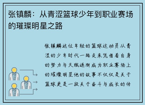 张镇麟：从青涩篮球少年到职业赛场的璀璨明星之路